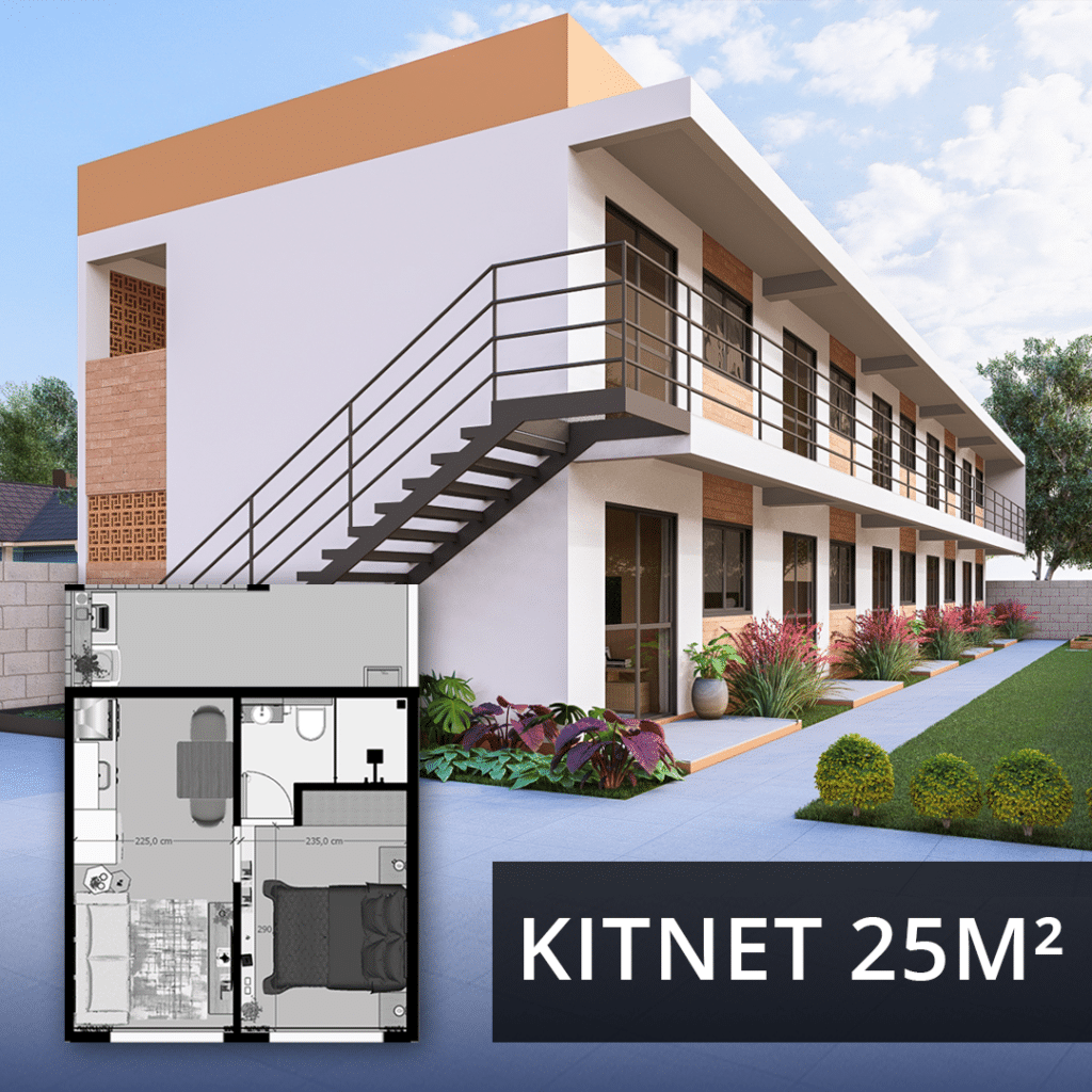 Kitnet de 25m² com planta baixa detalhada